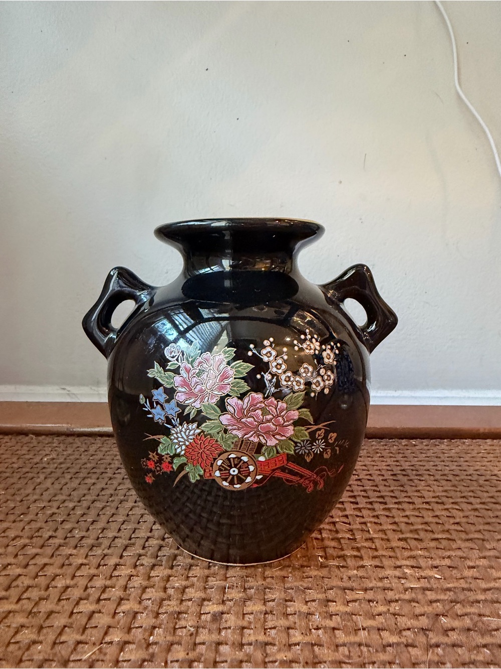 Black Floral Ceramic Vase with Handles - Home Accents